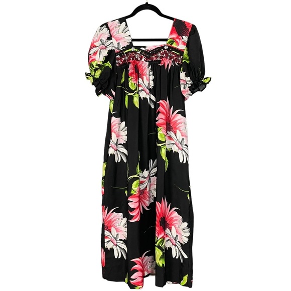 Handmade Muumuu Dress Sunflower Design Midi Black Pattern Red White Flowers Cute - Picture 2 of 11